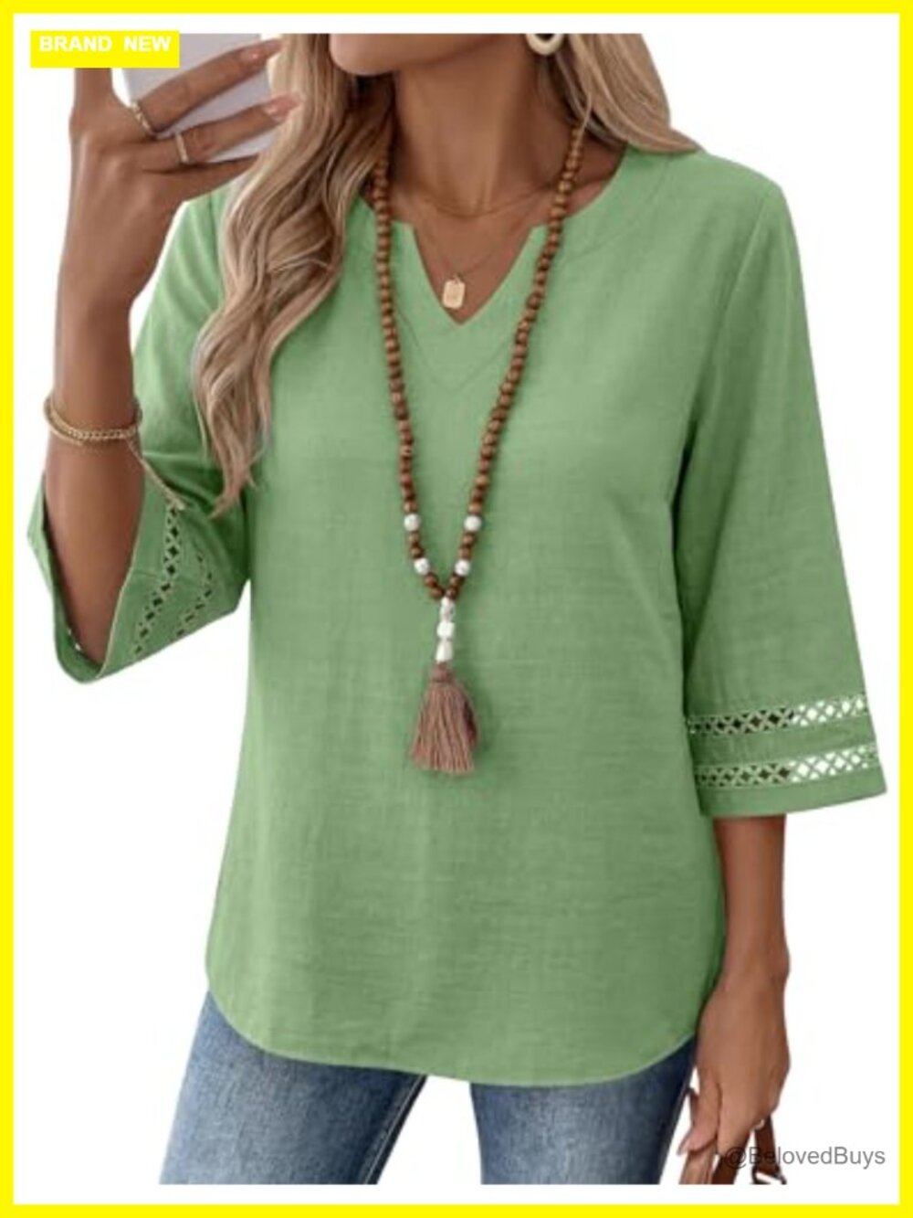 Womens 3/4 Sleeve V Neck Boho Tunic Top Lace Detail Loose Fit Blouse